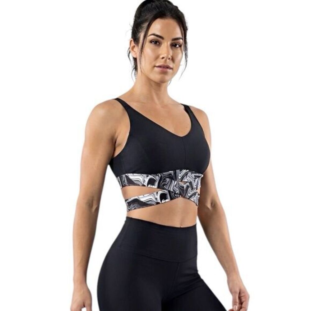 Adore Me  Womens Sports Bra Size XL Black Marble High Support Back Straps Active
